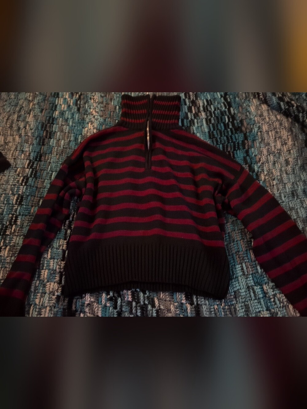 Banned Alternative - Striped Turtleneck Cropped Half Zip Knit